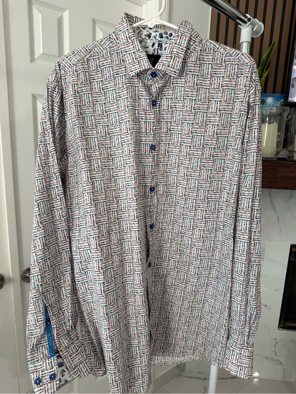 Men's Multicolor Geometric Long-Sleeve Dress Shirt - White Base
